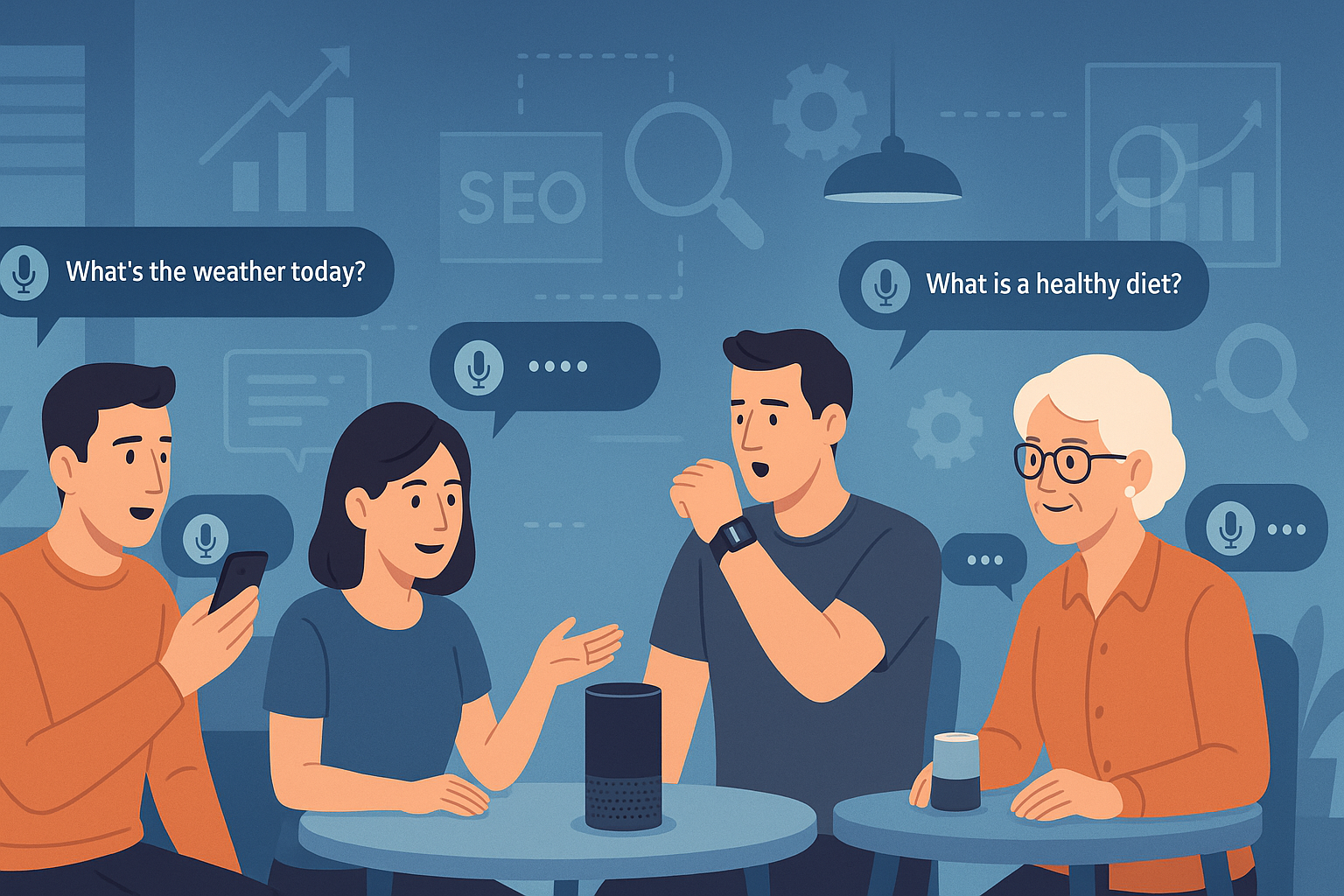 SEO, busca por voz, assistente virtual, pessoas fazendo perguntas a dispositivos inteligentes