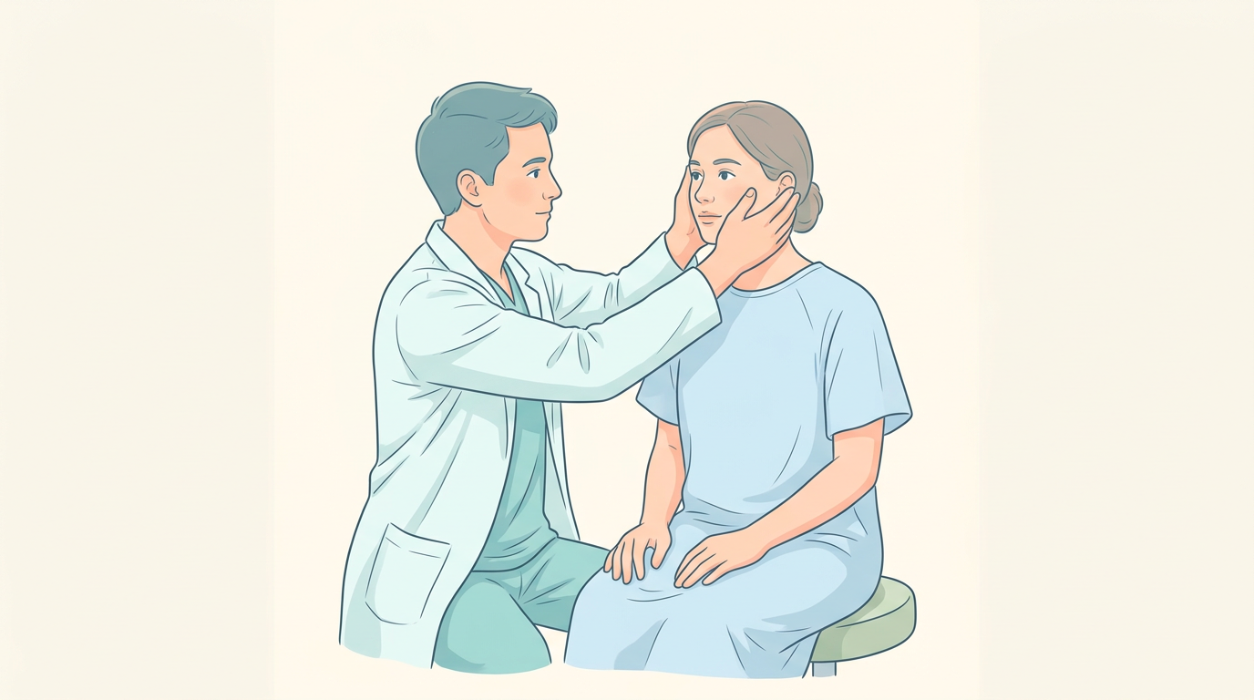 Illustration of a clinician holding a seated patient's head to perform a head-thrust gaze-stability test
