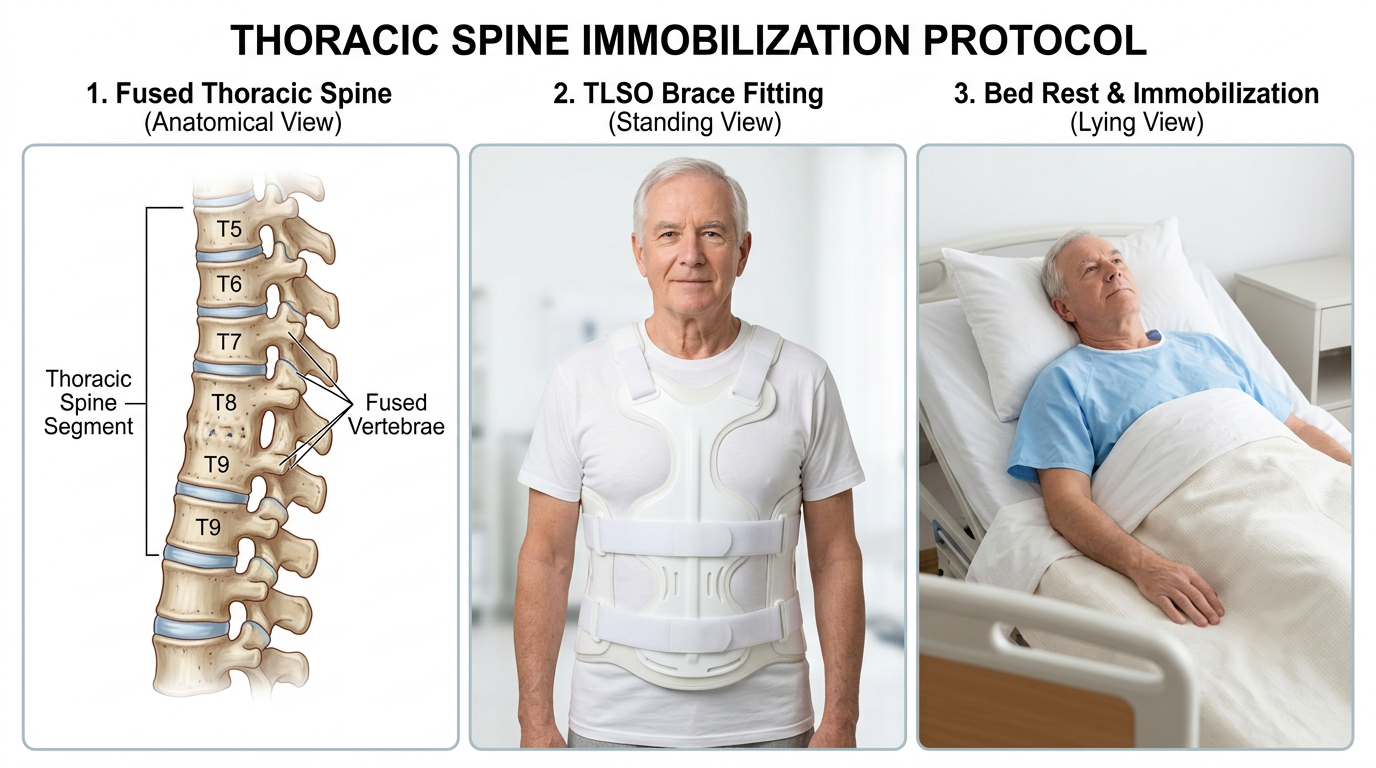 Composite of a fused thoracic spine segment, a rigid TLSO back brace, and prescribed bed rest