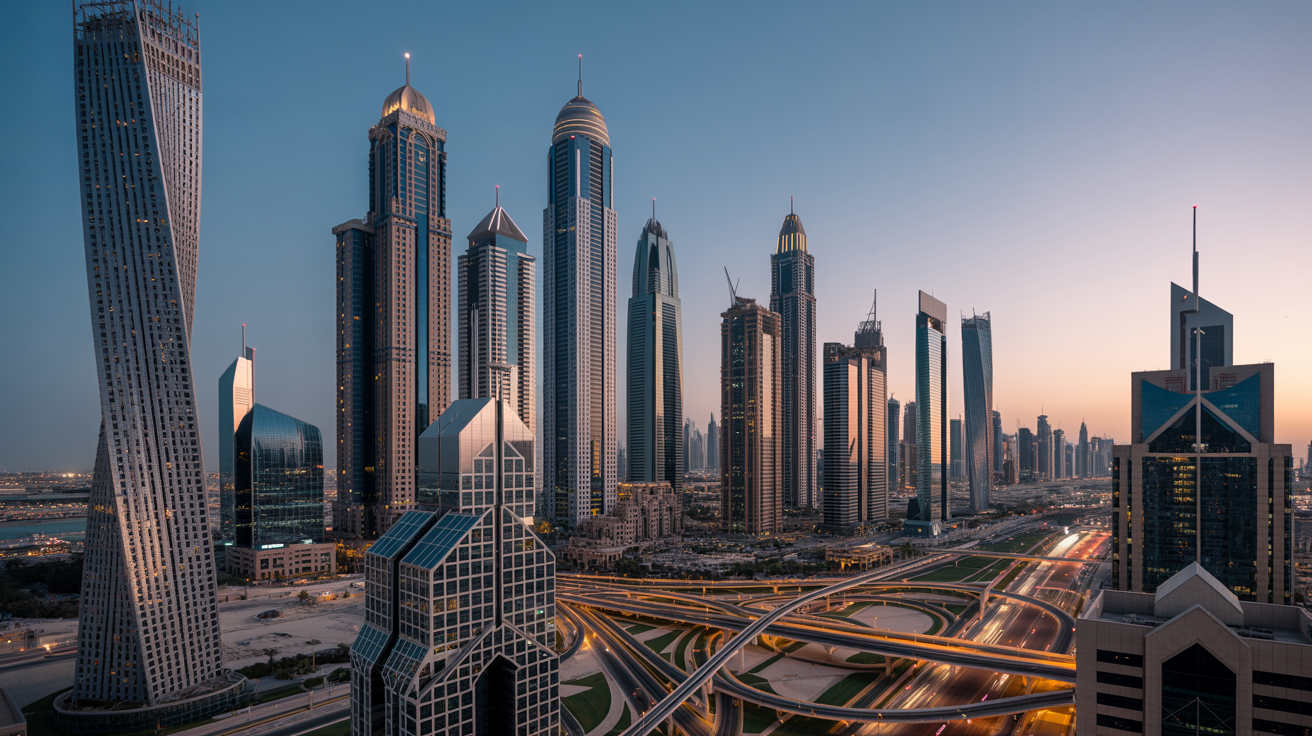 Modern cityscape at dusk representing global business operations