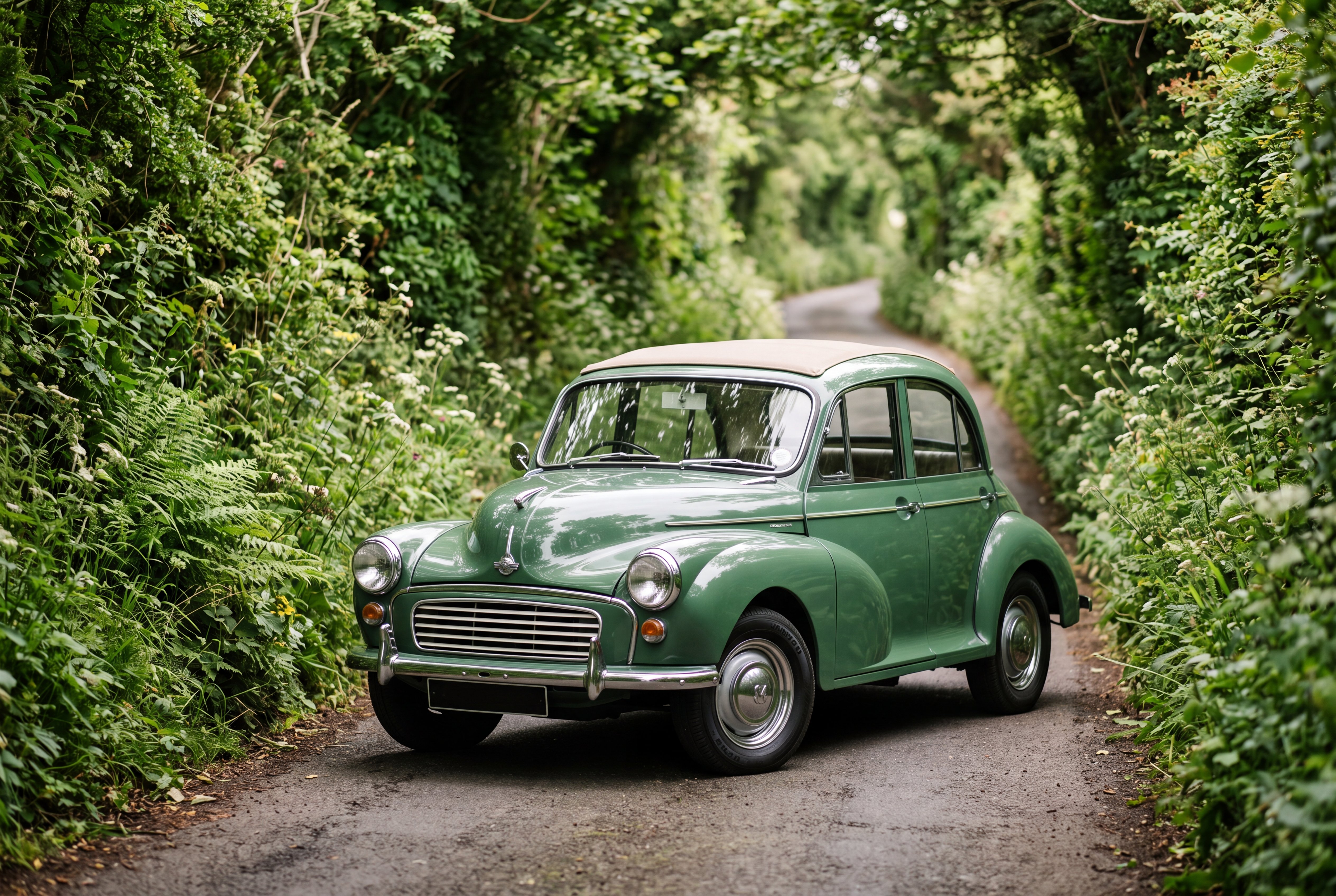 1967 green Morris Minor on a narrow Cornish coastal lane framed by hedgerows