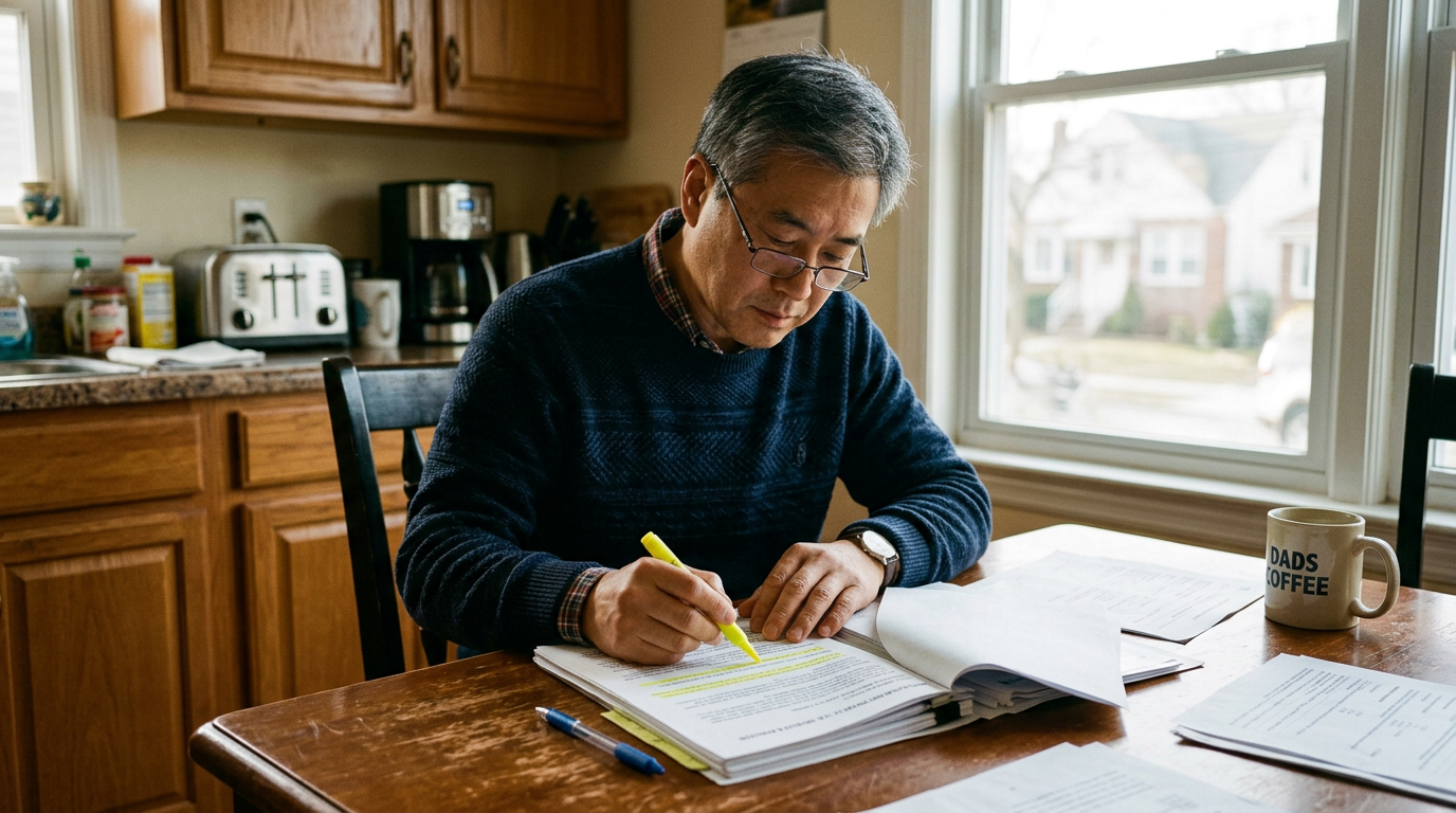 A veteran highlighting the weak spots in a VA medical opinion at his kitchen table