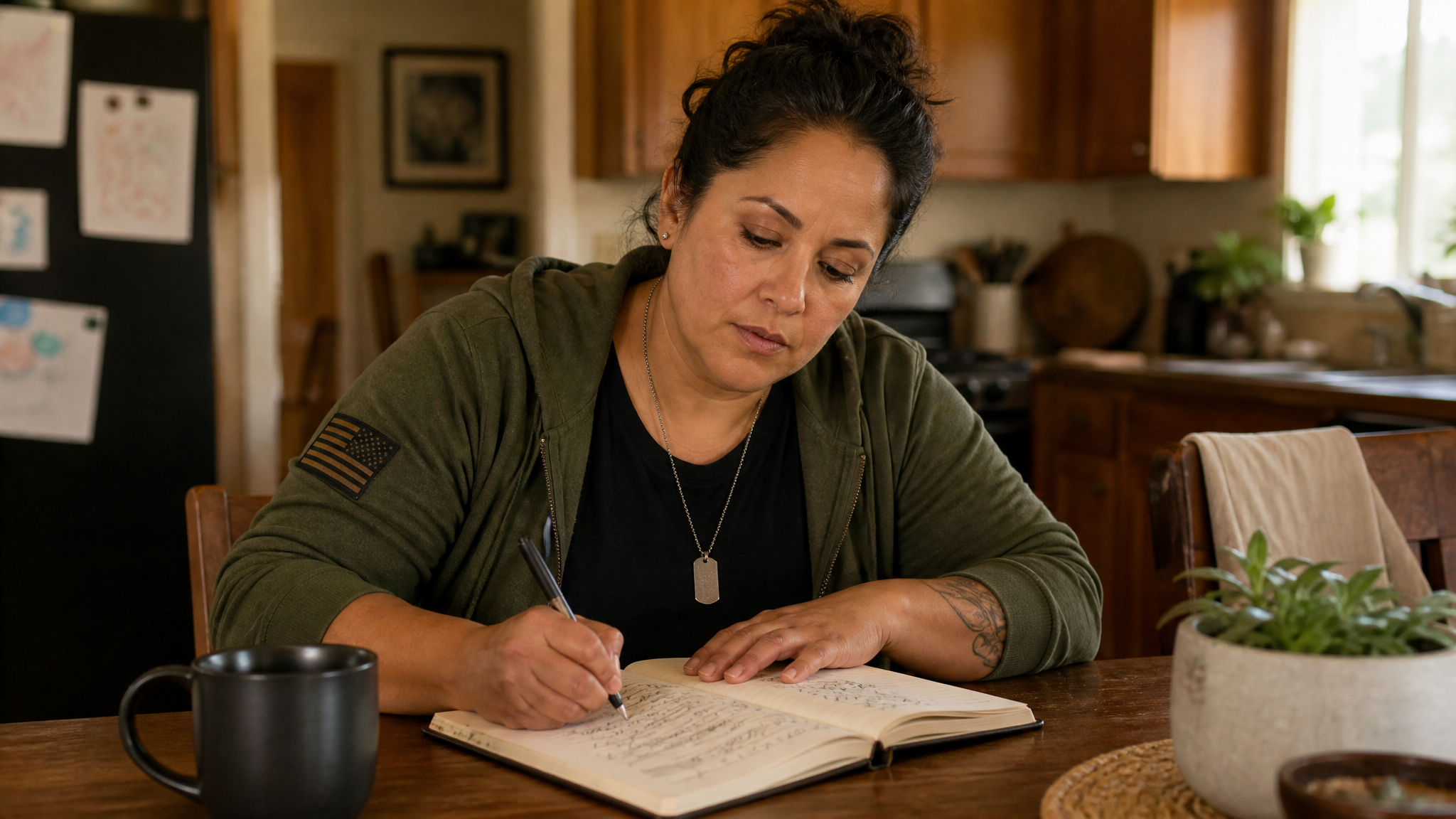 Hispanic female veteran writing in a personal journal at kitchen table, journal pages showing illegible handwriting