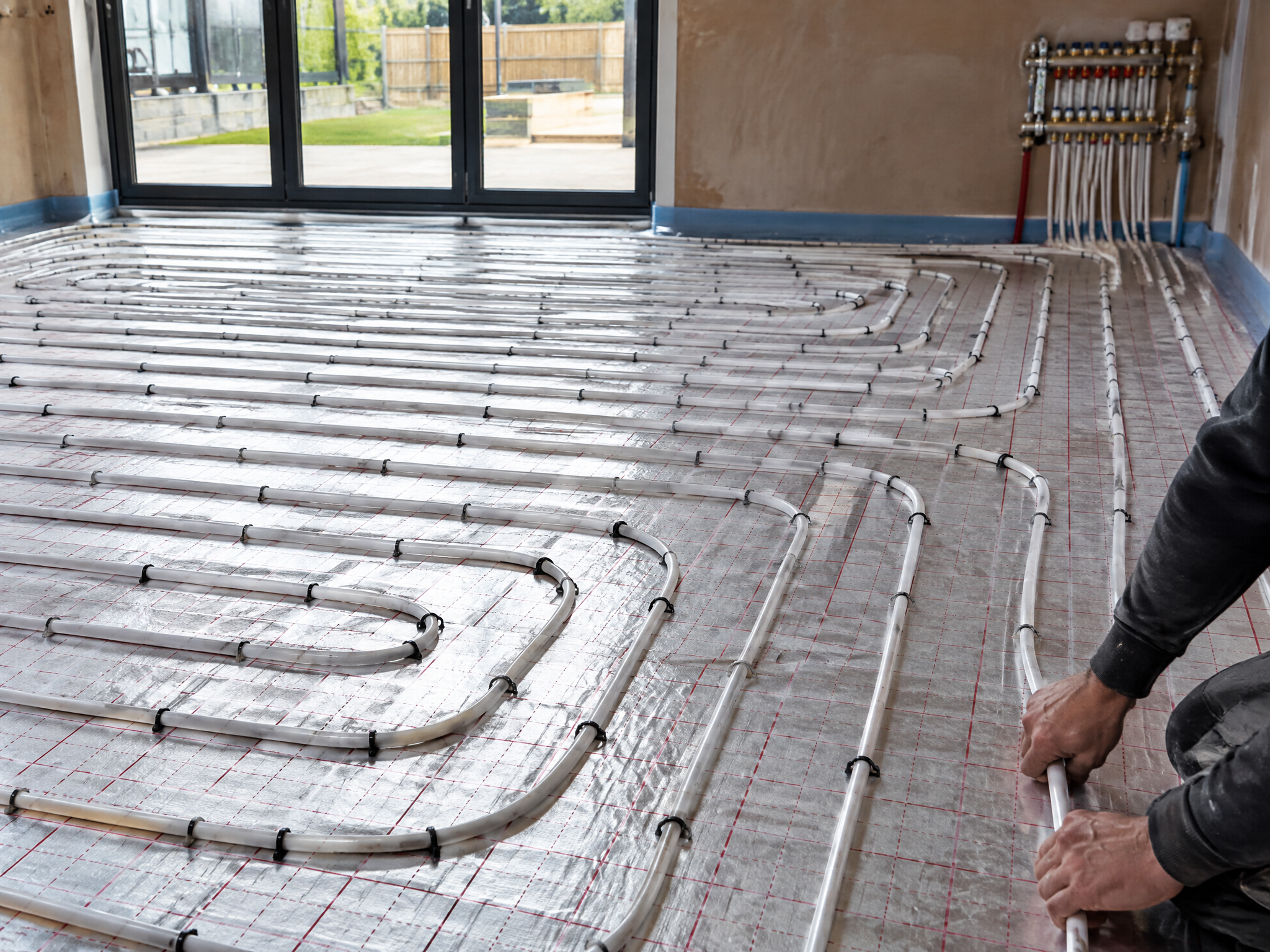 Underfloor heating pipes being installed in a UK home extension