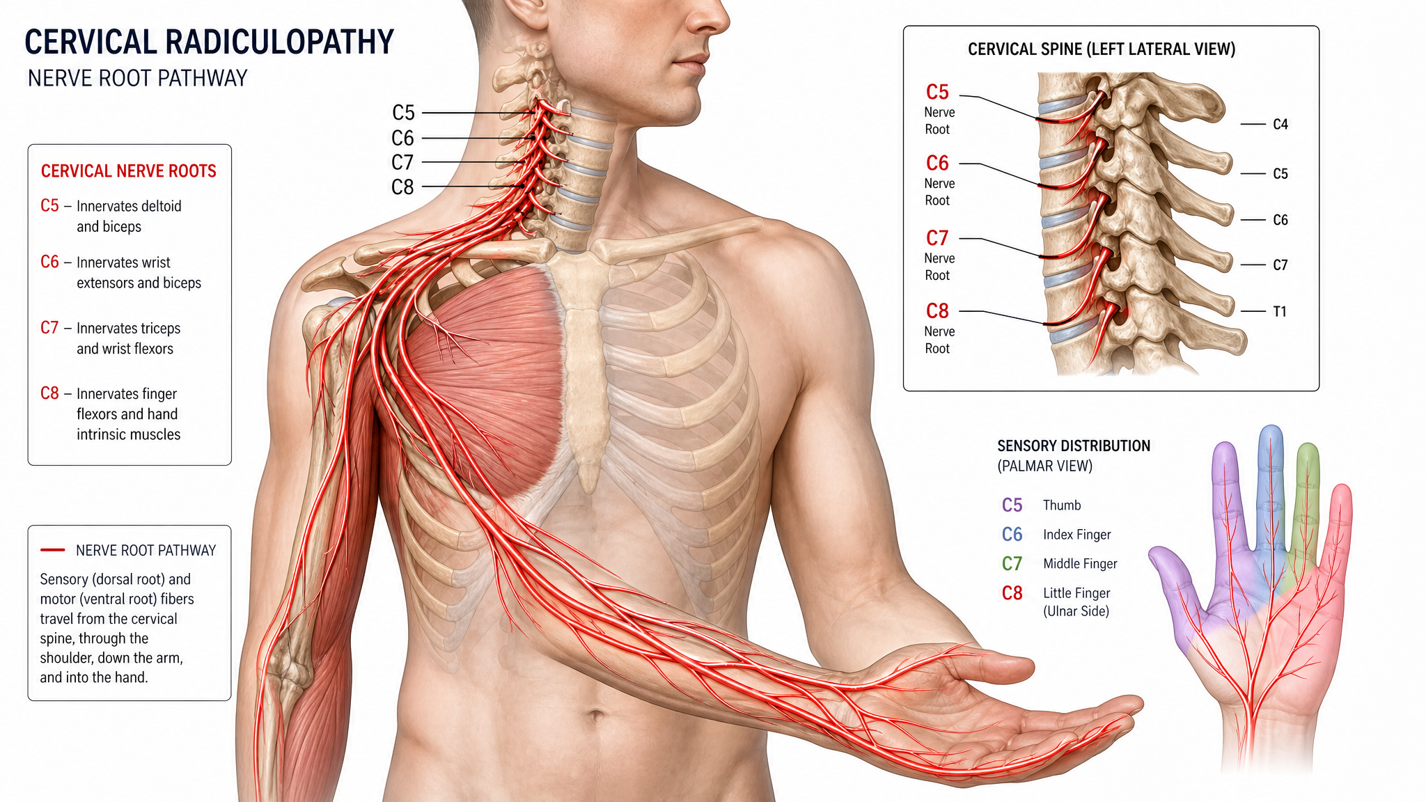 Clinical teaching illustration of a cervical nerve root traced in red leaving the neck at C5 to C8 and running down the shoulder and arm into the thumb, index and little fingers