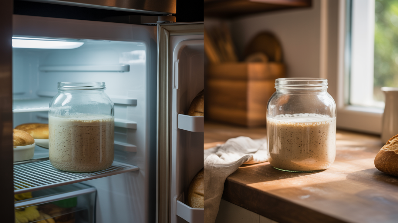 Two glass jars of sourdough starter compared side-by-side — one inside a refrigerator, one on a warm kitchen counter