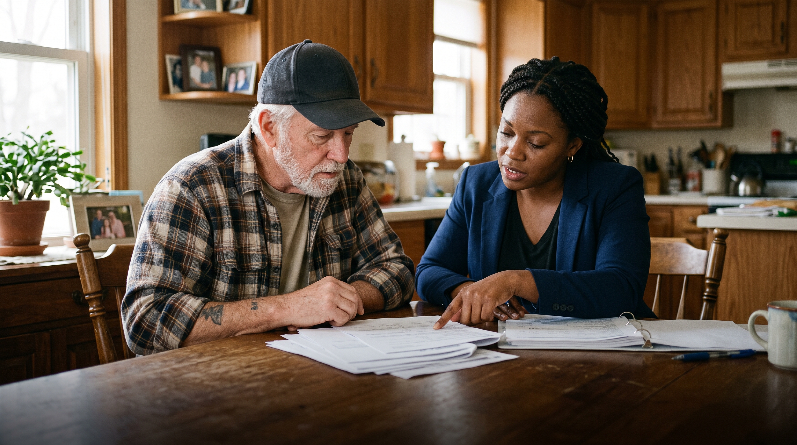 A veteran and an advisor reviewing benefit paperwork together at a kitchen table