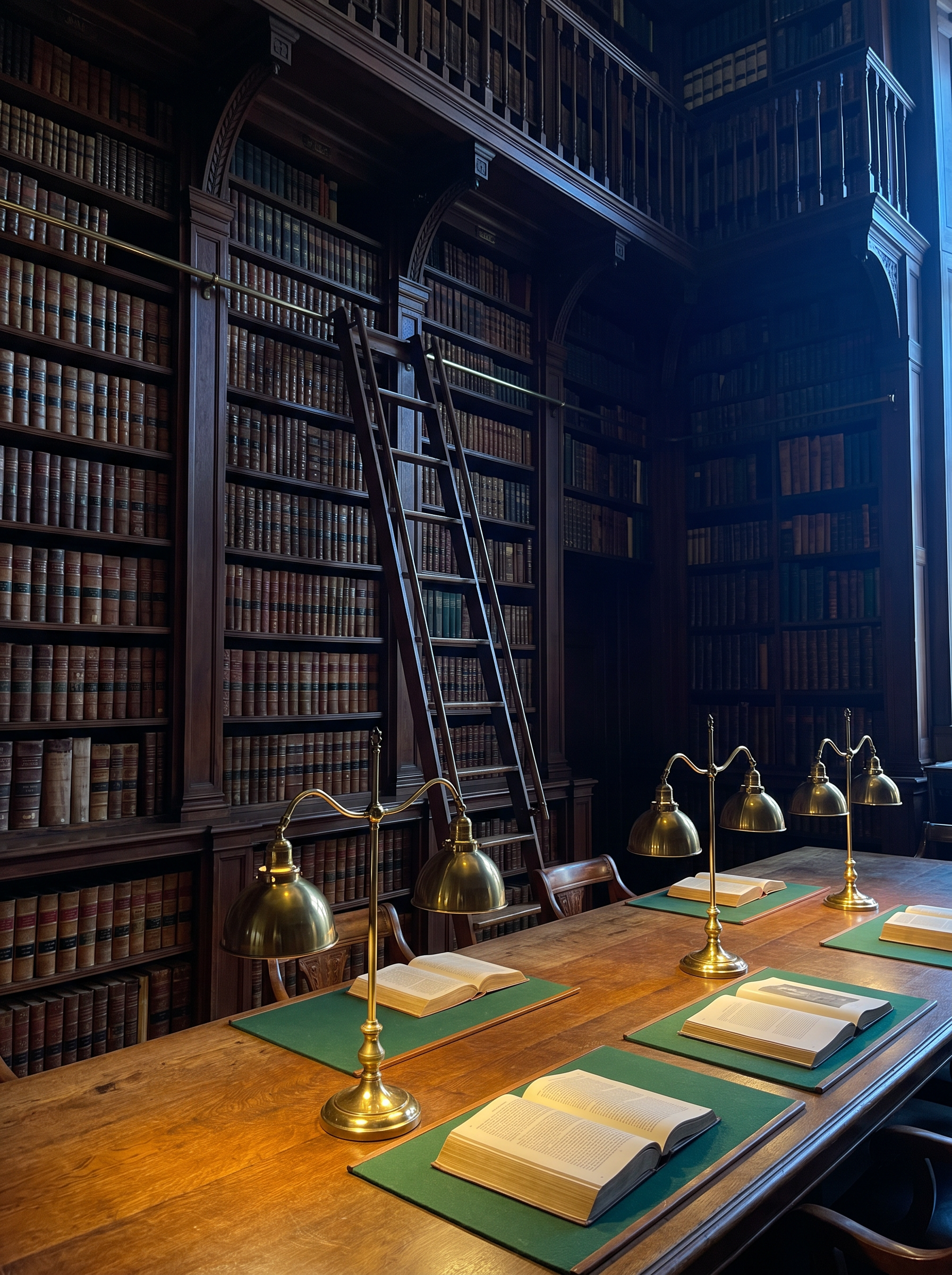 A law library with shelves of leather-bound volumes