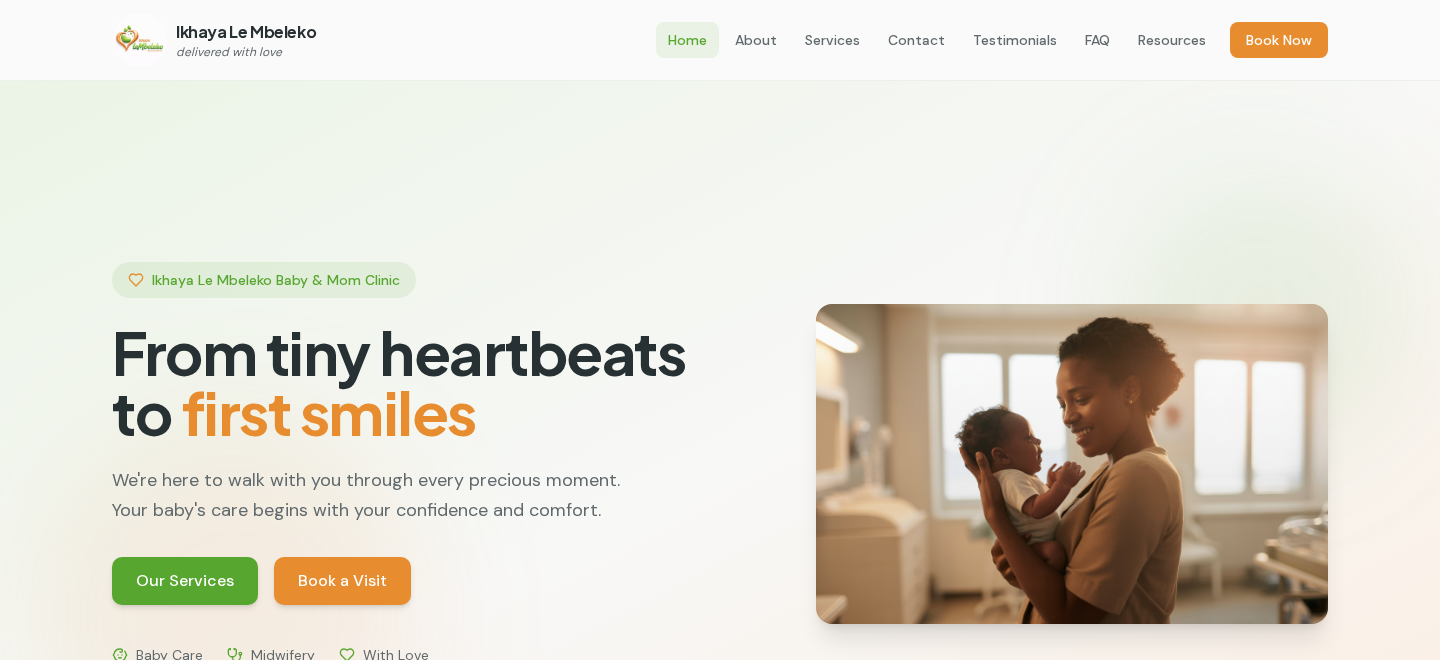 Ikhaya Le Mbeleko Baby & Mom Clinic website screenshot showing homepage with mother and baby