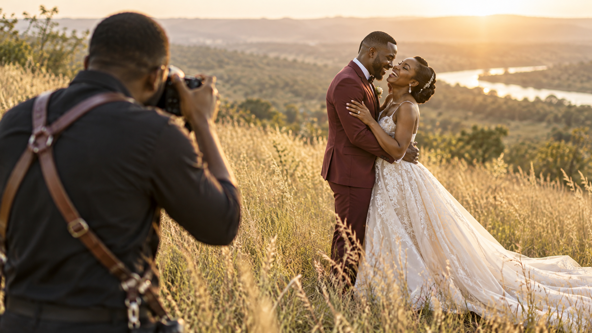 Wedding photographer capturing a candid couple portrait in golden light near Bulawayo