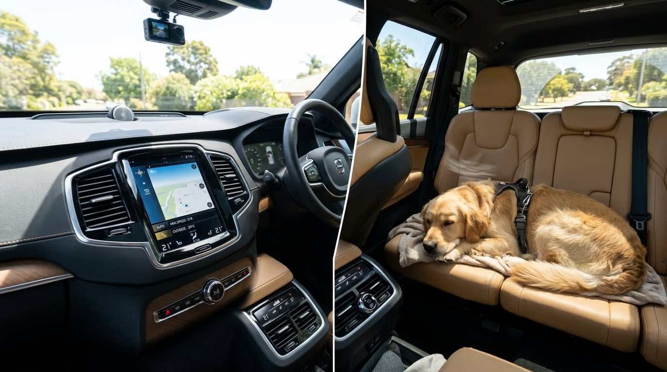 Interior of a climate-controlled vehicle with air vents and a relaxed dog on a sunny day