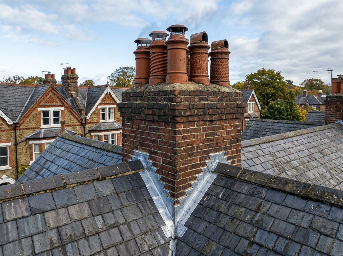Chimney with lead flashing on a slate roof