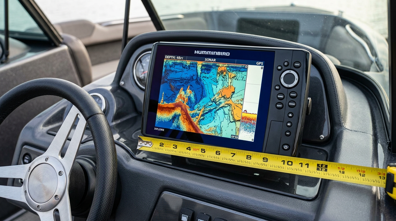 Large 10-inch Humminbird XPLORE fish finder mounted at a boat helm with a measuring tape showing mounting dimensions