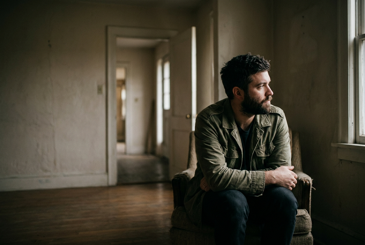 A Middle-Eastern male veteran sitting alone in a dim room, staring away from a doorway