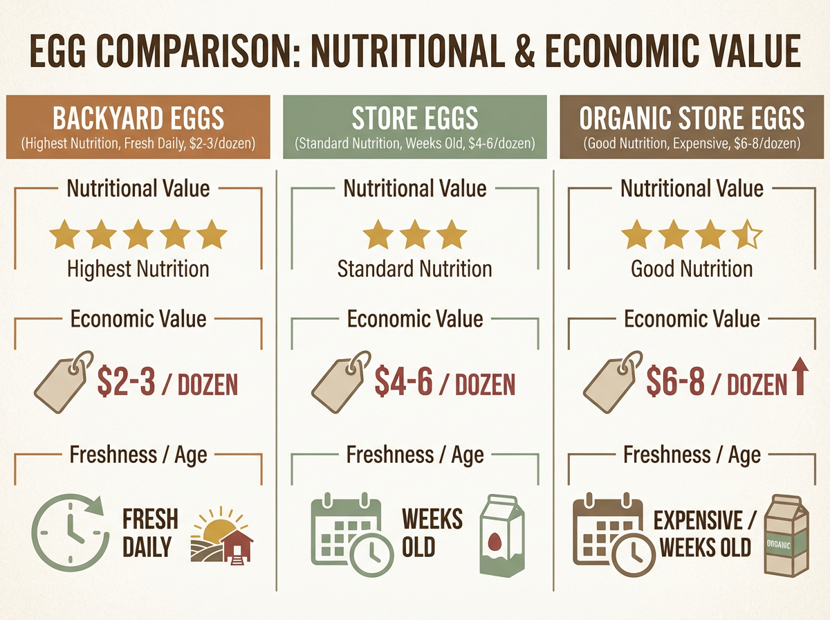 Comparison infographic showing nutritional and economic value of backyard eggs vs store eggs vs organic store eggs