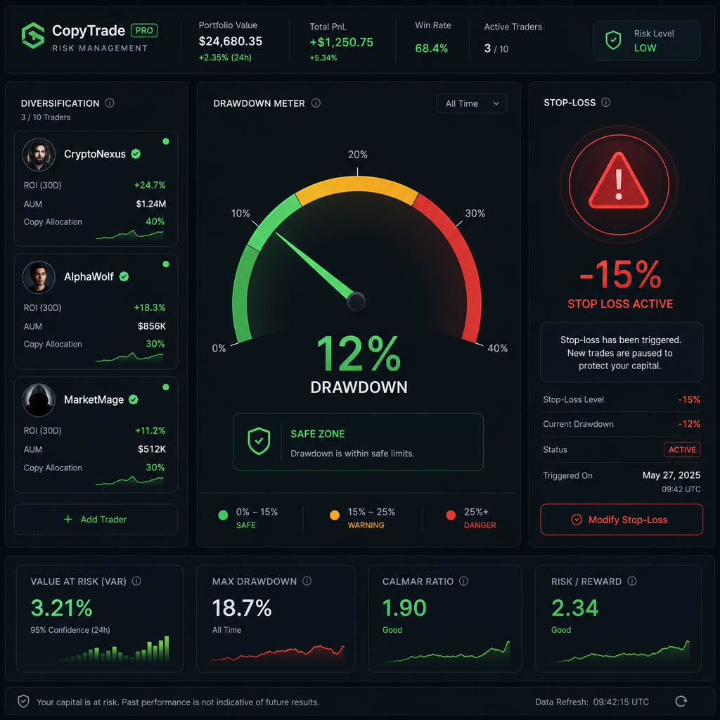 crypto copy trading risk management dashboard showing drawdown meter diversification and stop-loss controls