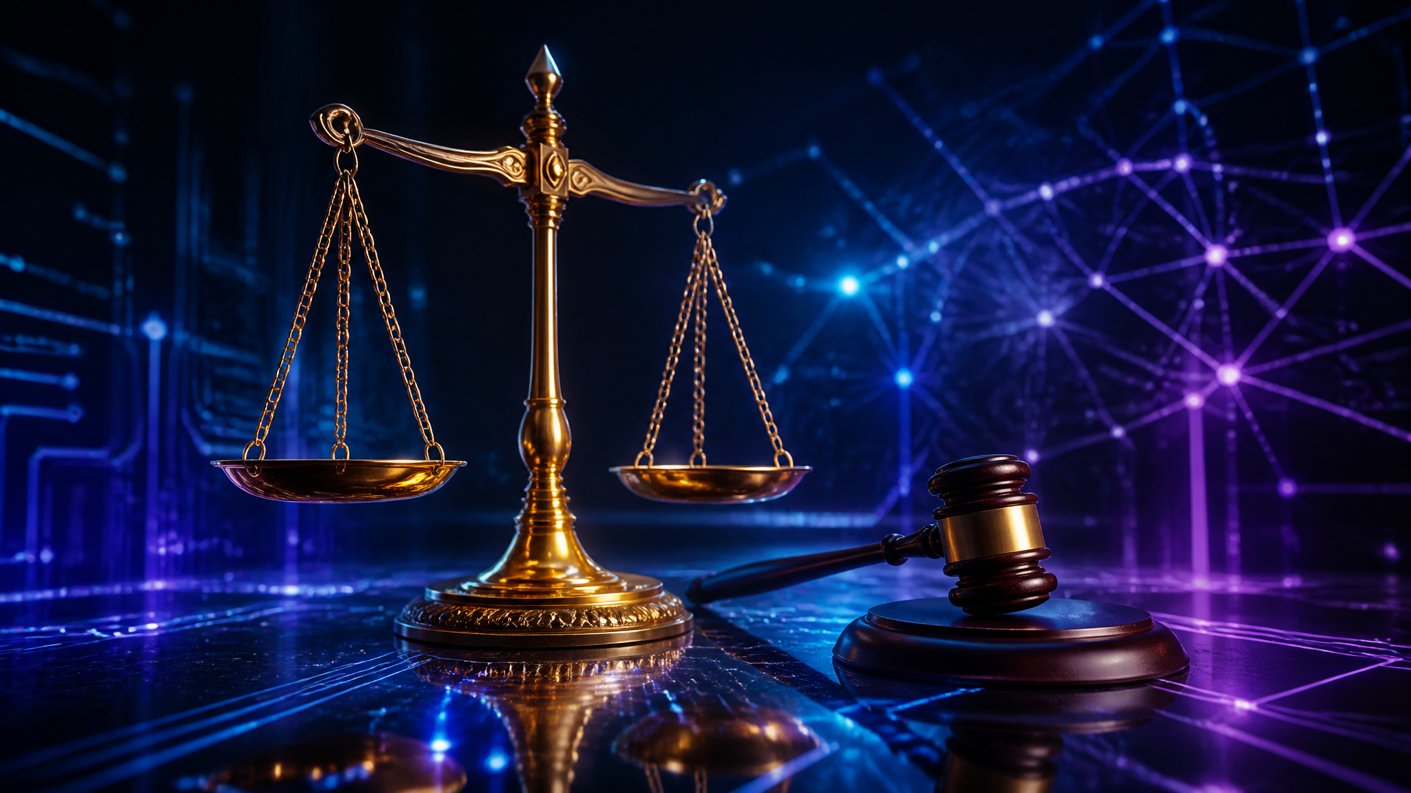 Balança da justiça estilizada sobre fundo tecnológico representando a legalidade do IPTV