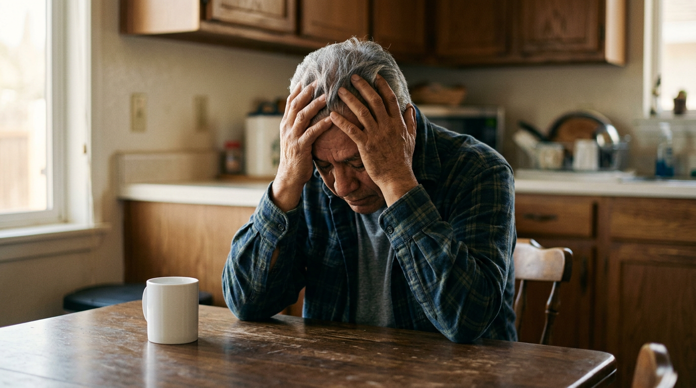 Veteran sitting alone with head in hands, showing emotional distress and withdrawal