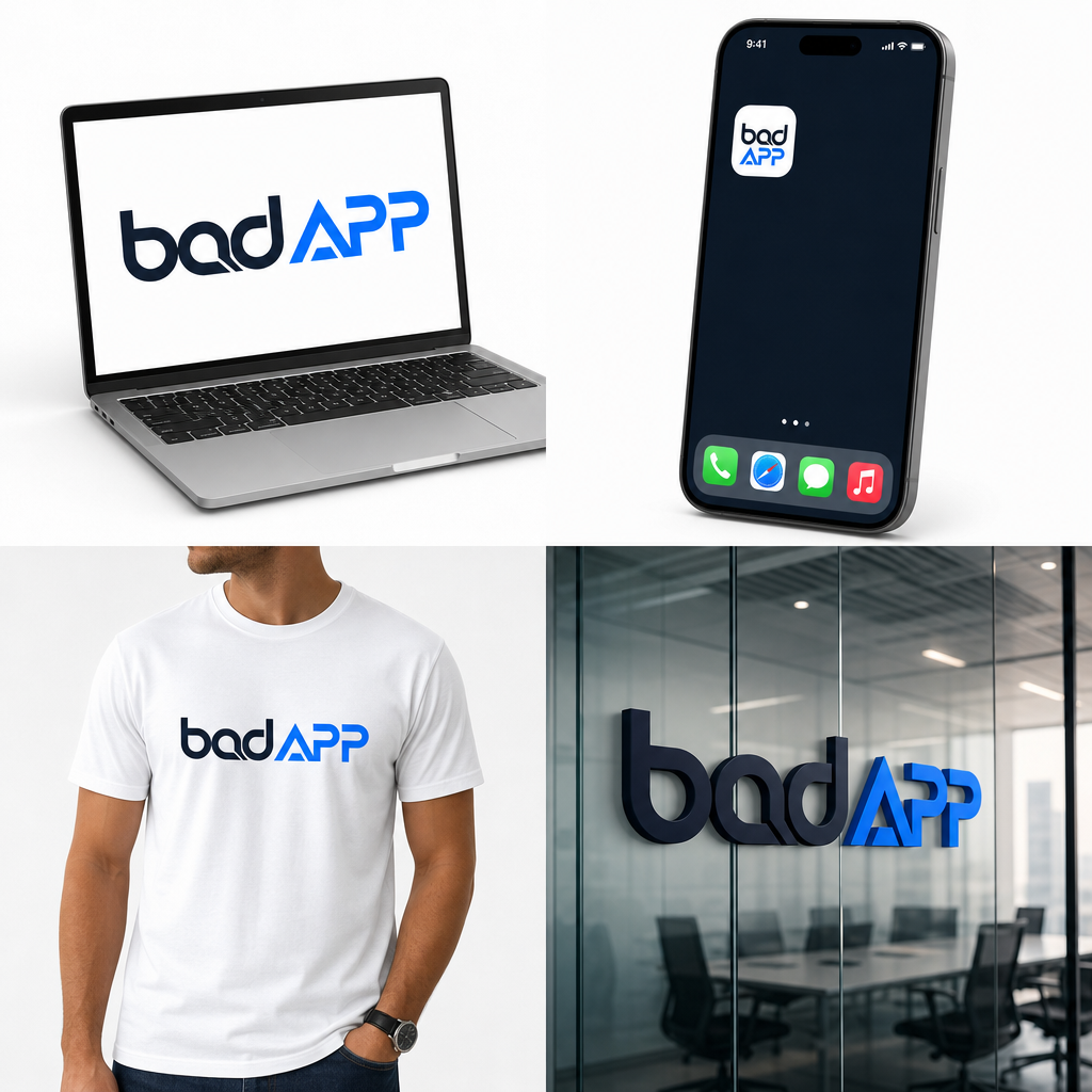 badAPP brand mockups showing laptop, phone, t-shirt, and signage applications