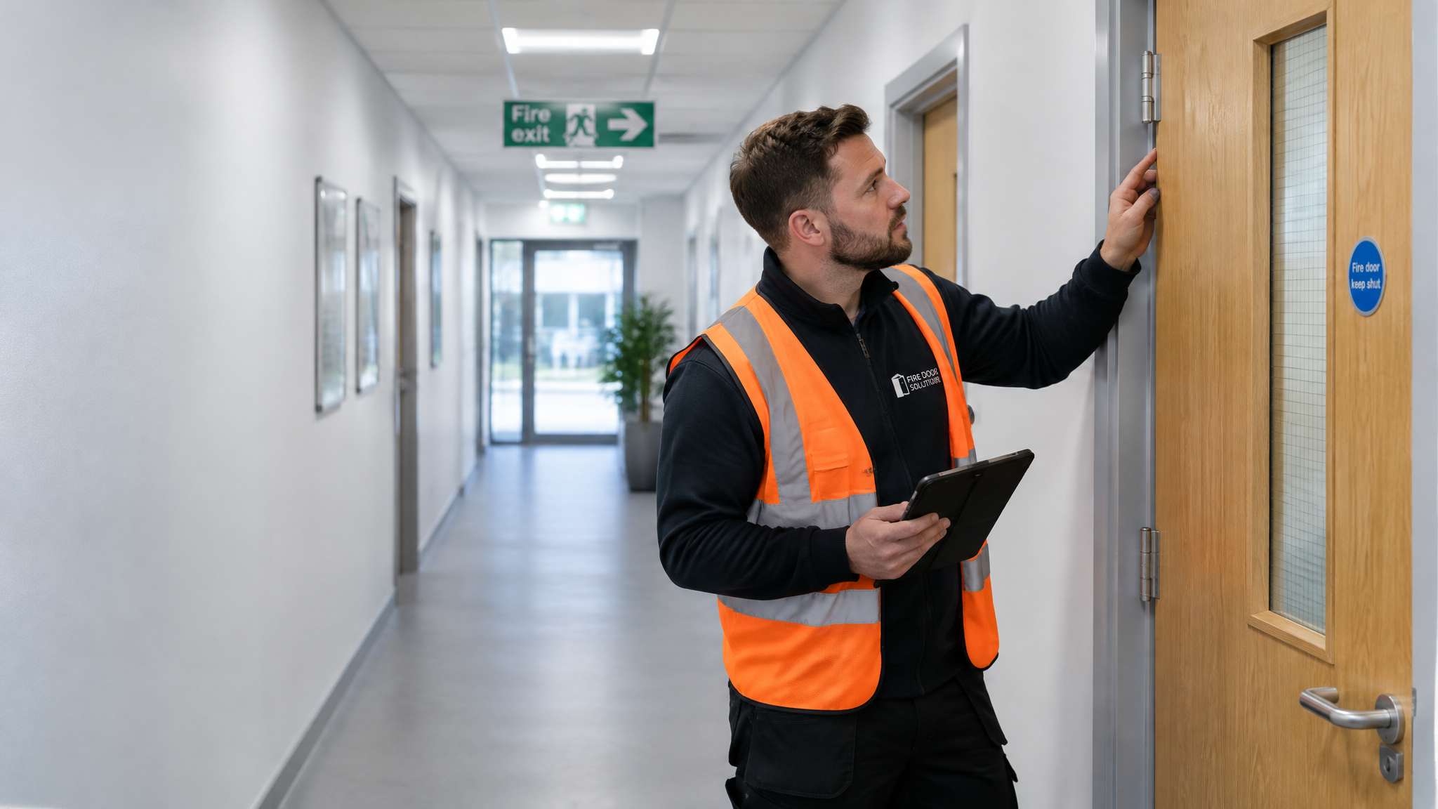 Fire door installer inspecting a fire door in a commercial building