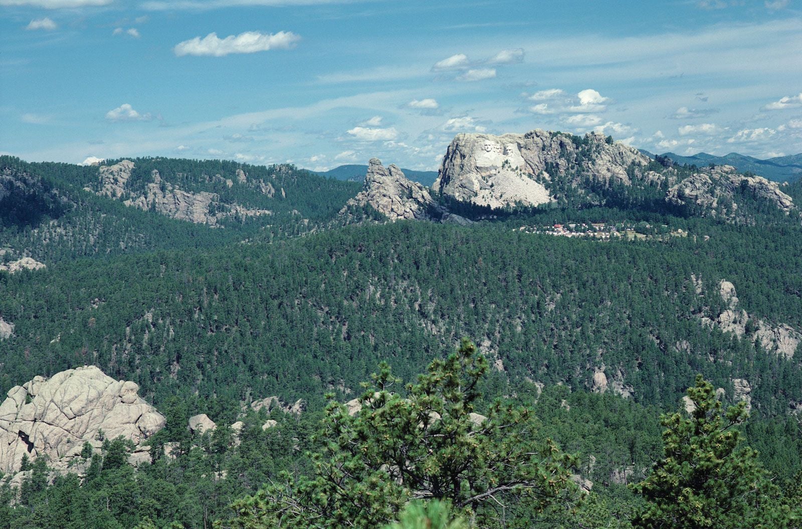 Rounded dome-shaped forested mountains