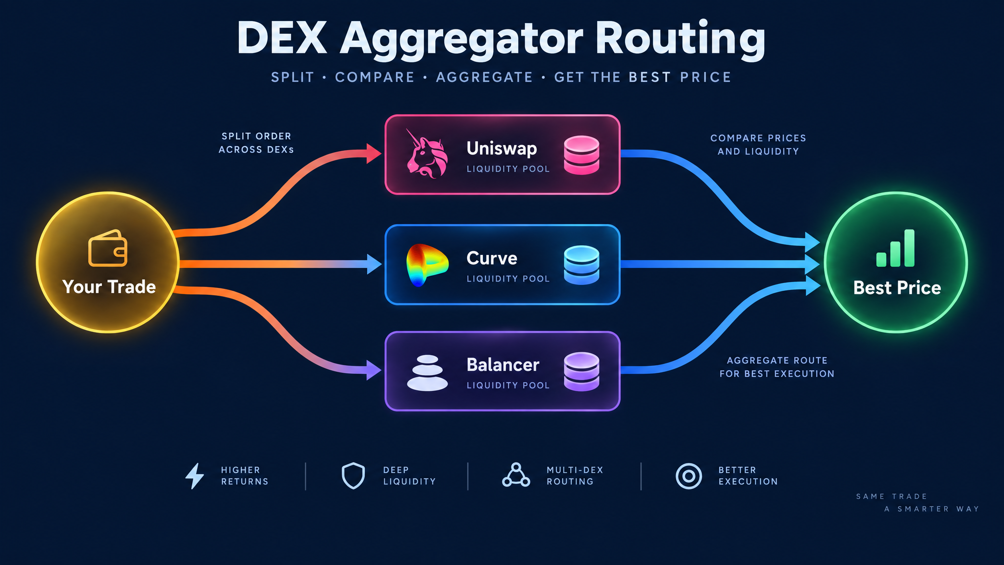 DEX aggregator routing comparison showing how 1inch and Jupiter split trades across liquidity pools for best DEX aggregators in 2026