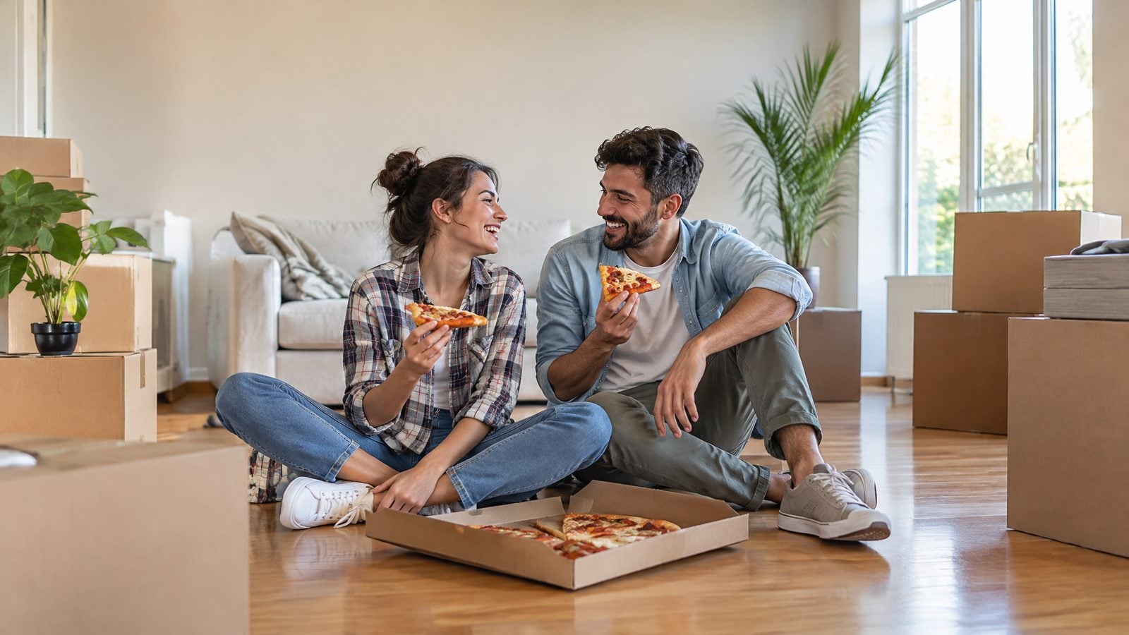 Couple sharing pizza among moving boxes on their first night in a new home — Appleton, Wisconsin