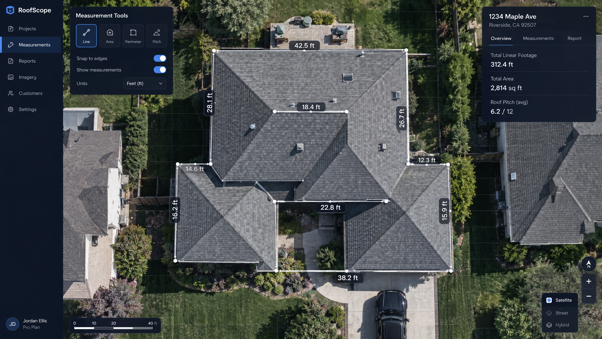 LightingBid Pro satellite roofline measuring screen