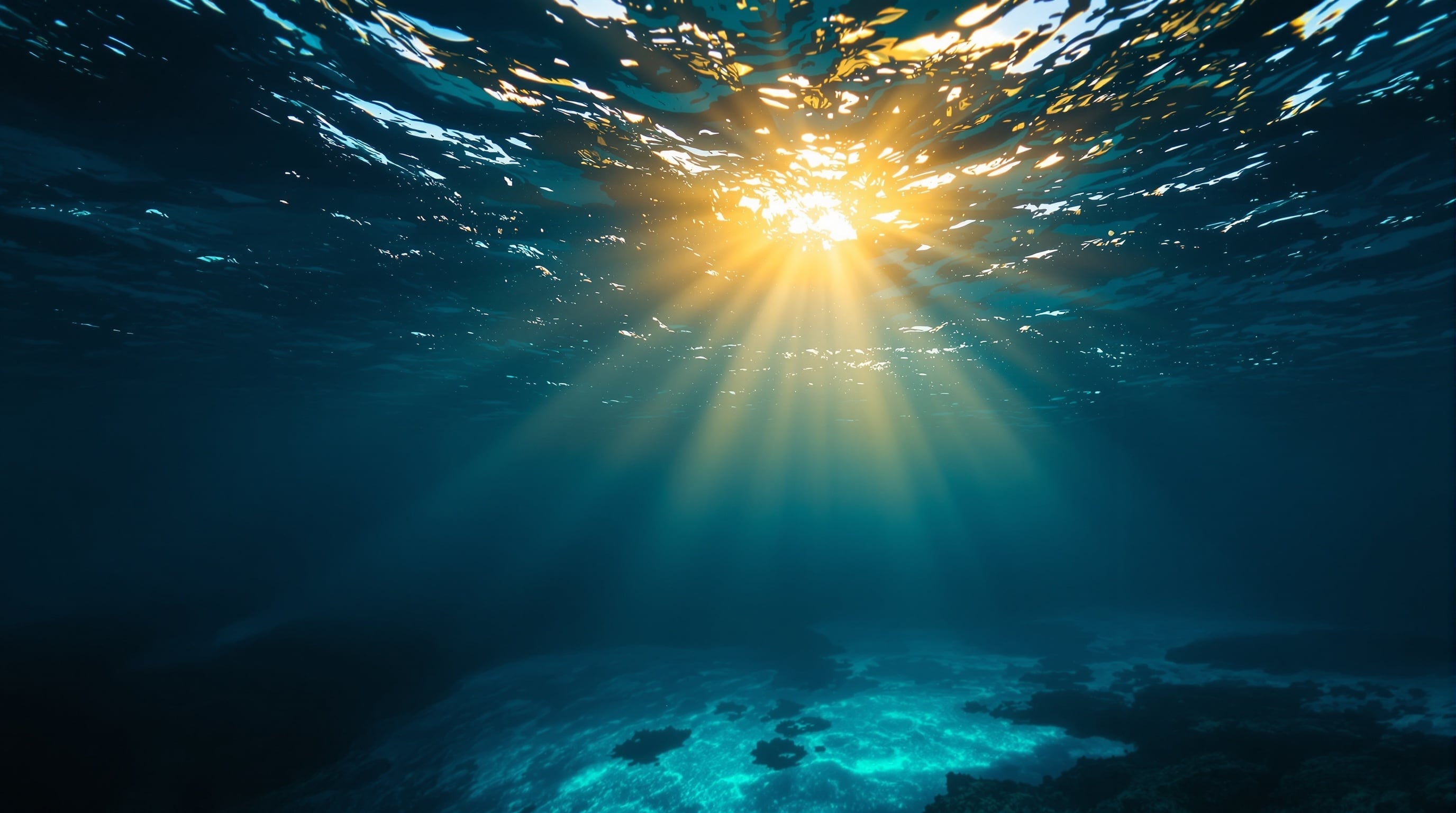 Deep ocean with golden light rays