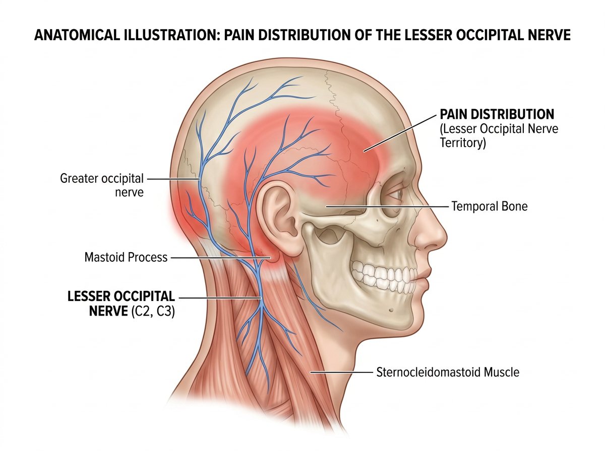 Anatomical figure showing pain over the temple and side of the head, the lesser occipital nerve territory