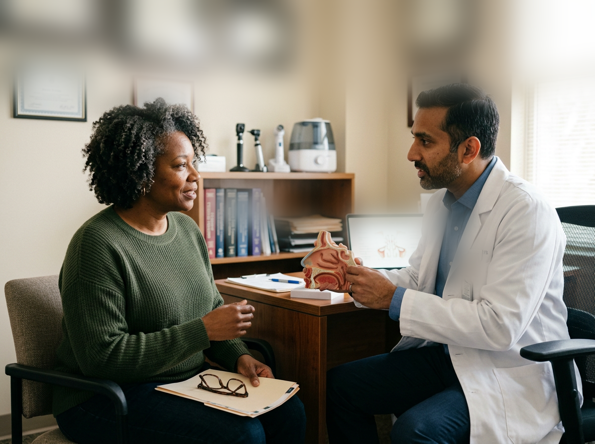Black female veteran in her 50s consulting with a South Asian male ENT specialist in a medical office as he explains her sinus condition