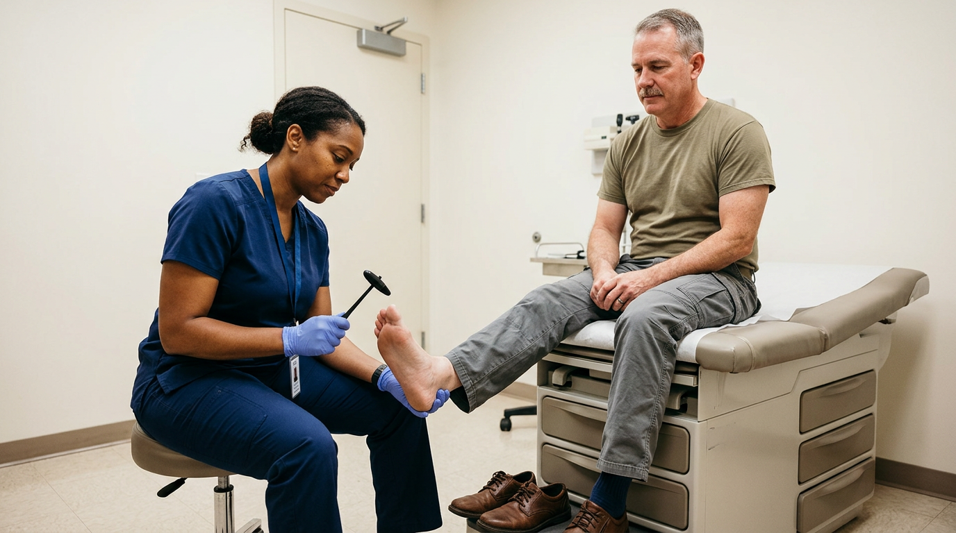 A medical examiner performing a Babinski reflex test on a seated veteran patient's foot in a clean clinical exam room
