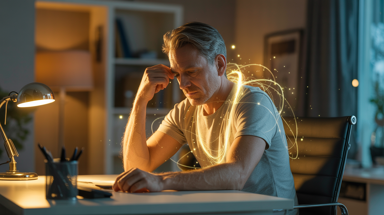 Muškarac u svojim kasnim 40-im sjedi za stolom u polumračnoj kućnoj kancelariji u sumrak, umoran ali nadahnut dok zlatne čestice vitalne energije počinju da se vrte oko njegove glave i grudi — povratak životne sile nakon perioda iscrpljenja. Stres i energija – muškarac iscrpljen za stolom sa simboličnim gubitkom energije, mentalni umor i pad vitalnosti usled stresa