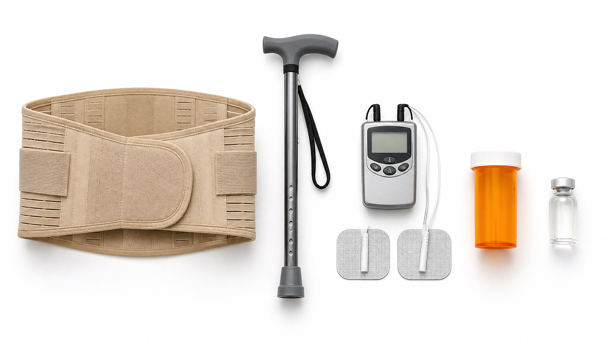 Clinical teaching photograph of a lumbar support brace, walking cane, TENS unit with electrode pads, prescription bottle and injection vial laid out in a row