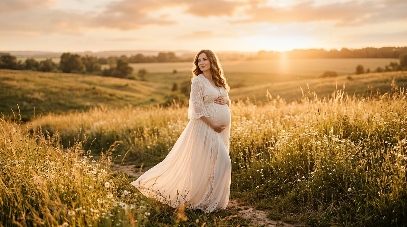 Maternity portrait in meadow at golden hour