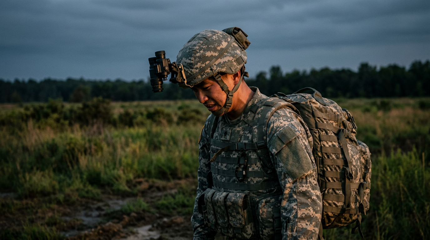 An East Asian U.S. Army soldier at dusk in an ACH helmet with a PVS-14 night-vision device and counterweight cantilevered off the front of the skull and a heavy rucksack, his head tilting forward under the load straining his neck