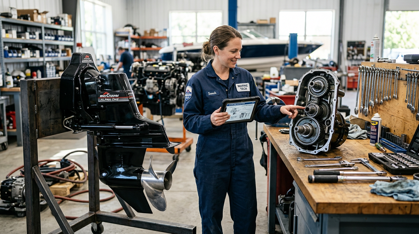 Marine technician comparing a complete assembled Alpha One sterndrive on a stand with a separate disassembled upper gearcase unit in a repair shop