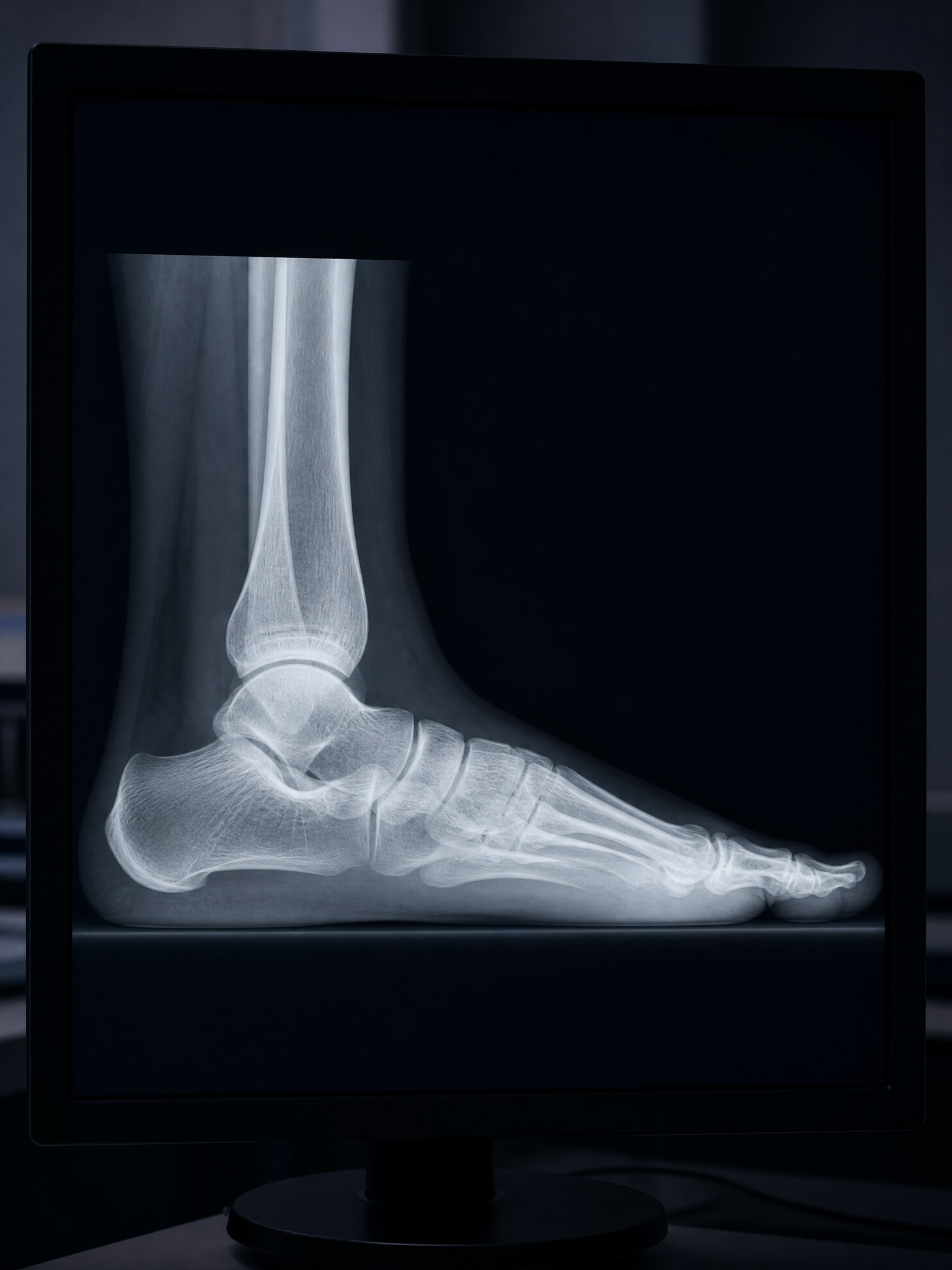 Weight-bearing foot X-ray on a dark medical monitor showing a collapsed medial arch and flattened bony alignment
