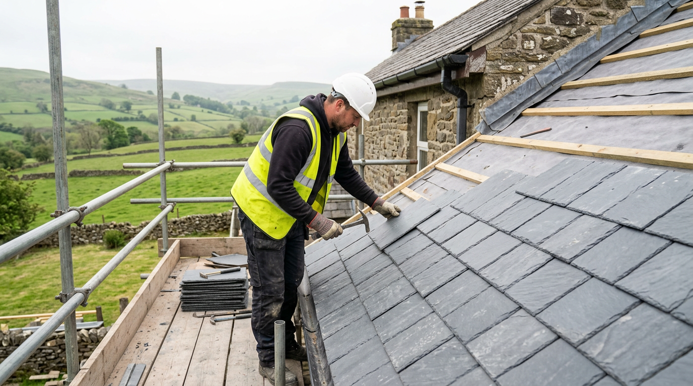 Roofer laying natural Welsh slates on a house roof