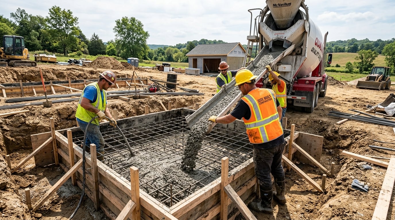 Concrete foundation being poured at construction site