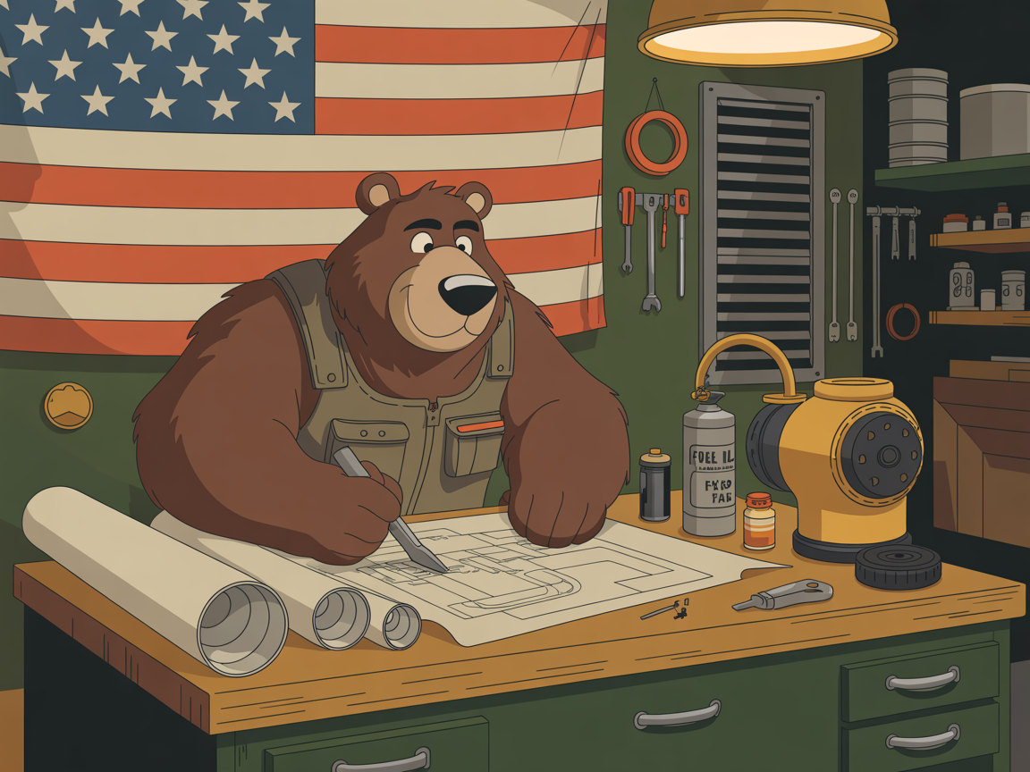 Tank the bear designing The RV Fuel Vault in his workshop with blueprints and an American flag