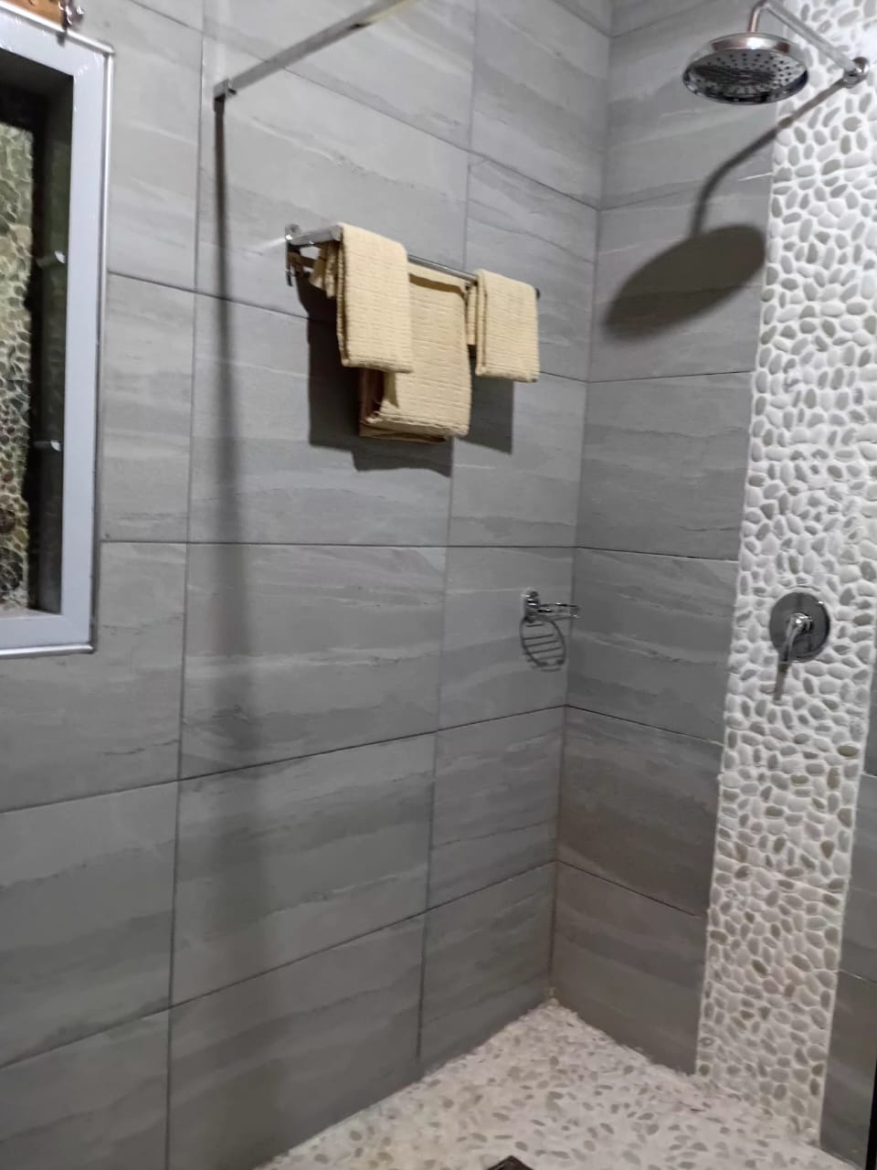 Modern shower with rainfall showerhead at The Little Den