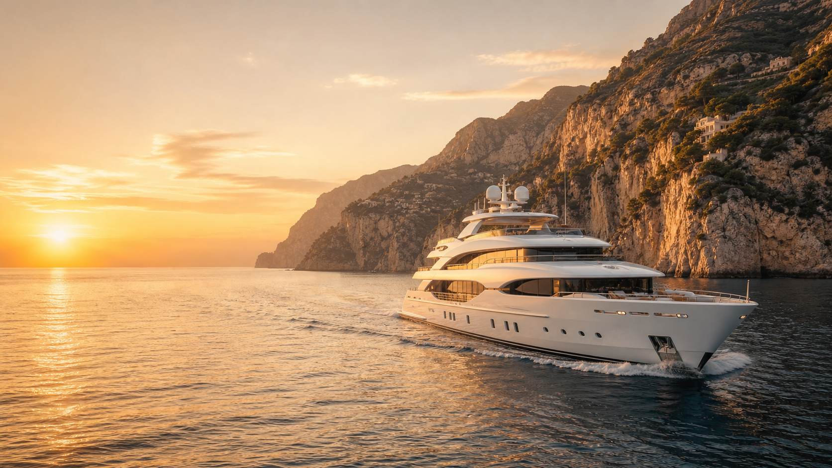 Luxury superyacht cruising alongside Mediterranean cliffs at golden-hour sunset