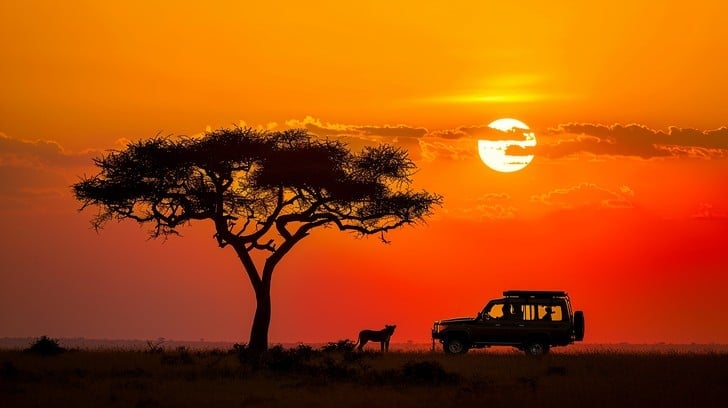 African safari at sunset