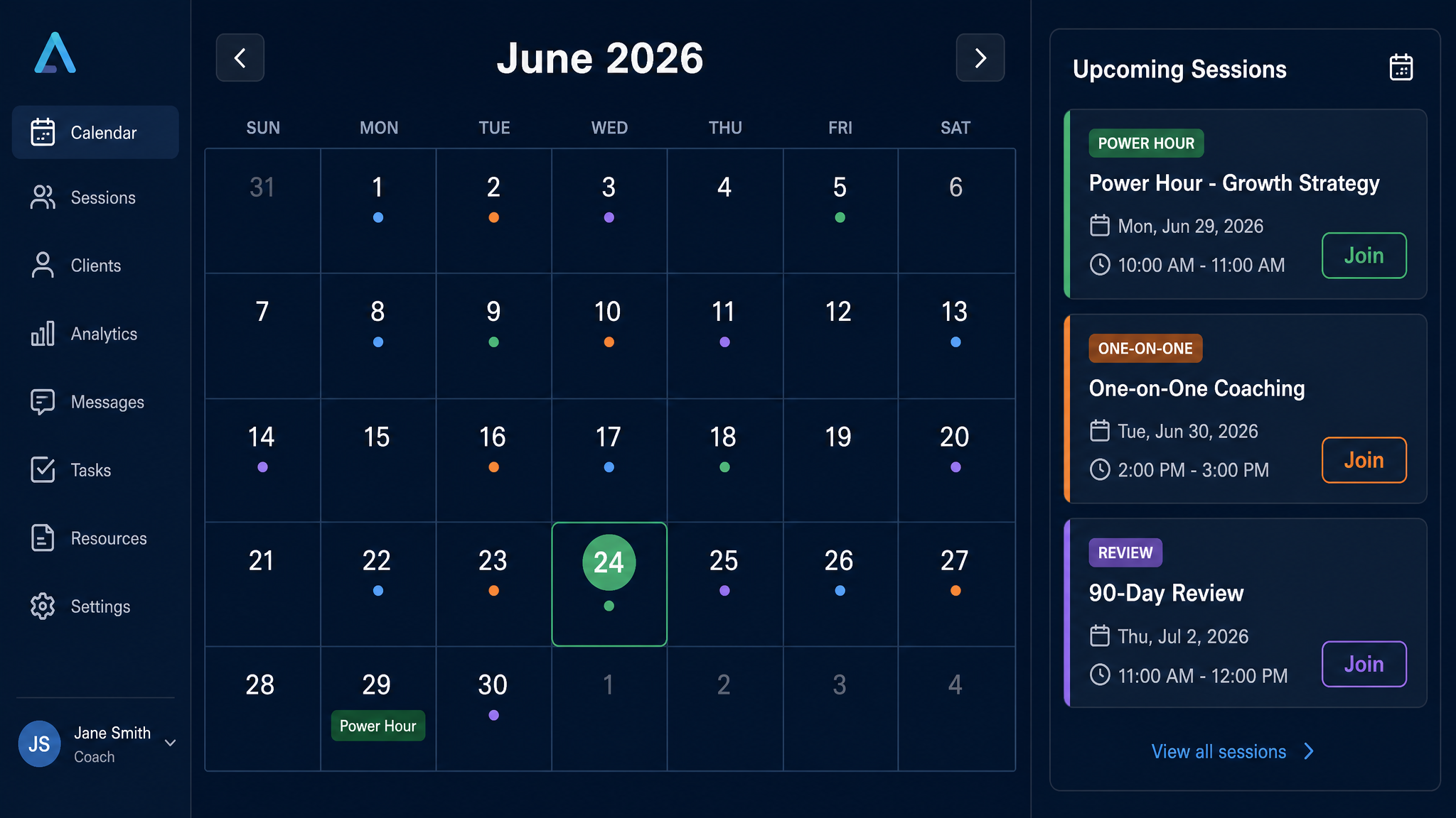 An integrated calendar keeping every commitment, deadline and Power Hour in one place.