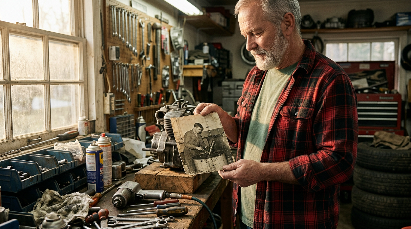 Veteran in his garage holding an old photo of himself cleaning engine parts in a solvent tank
