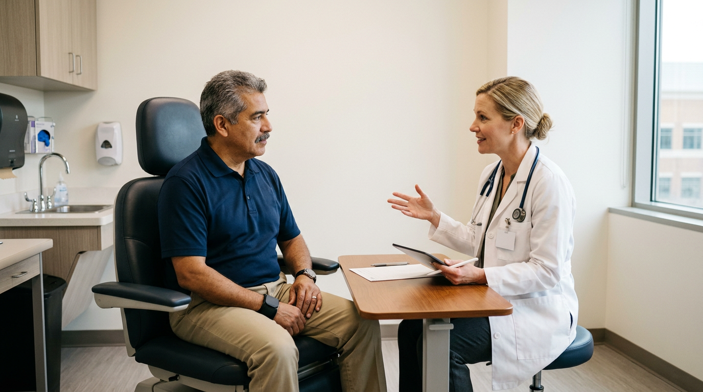 Veteran in a urology consultation with a female urologist reviewing treatment options
