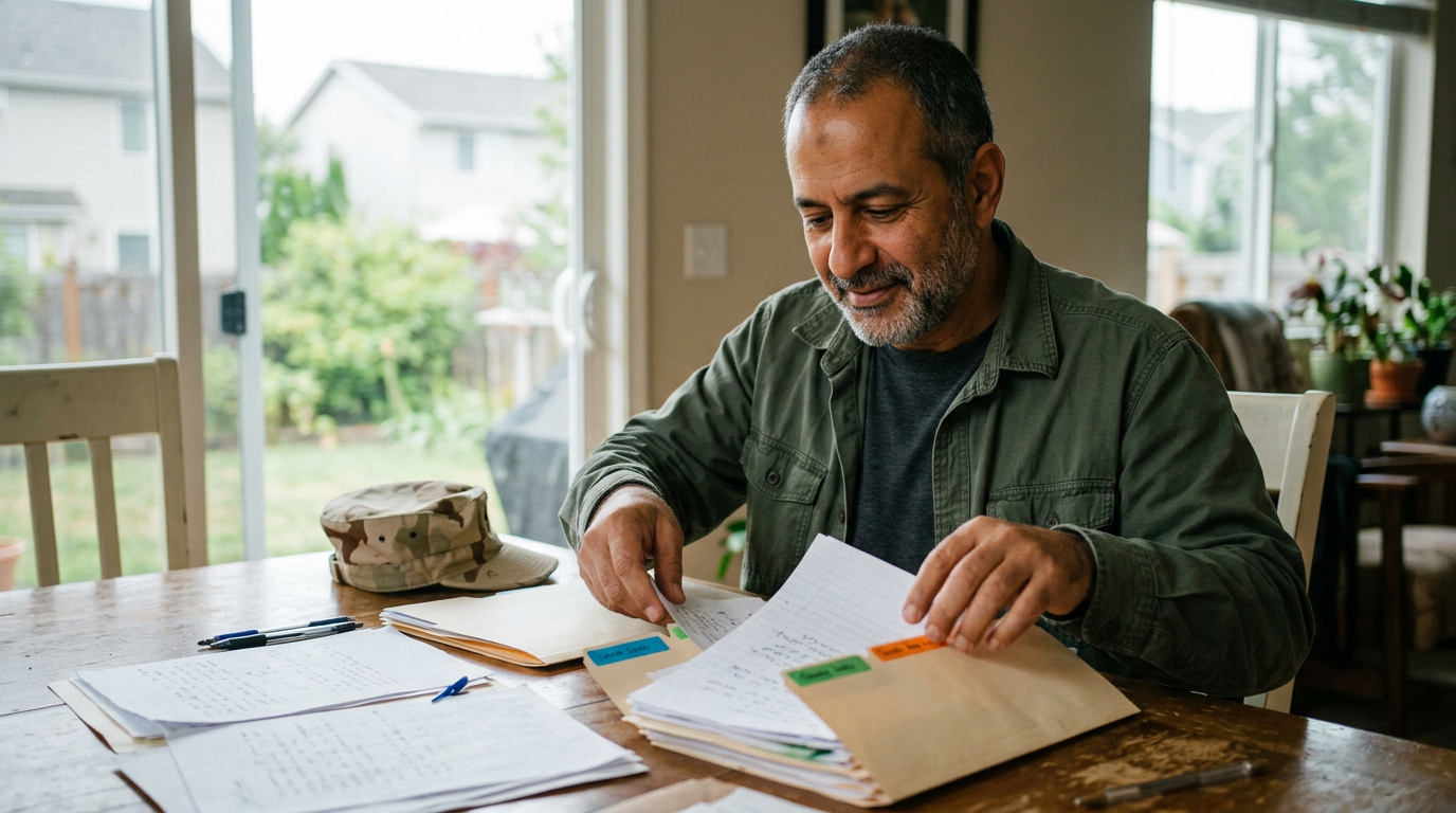 Veteran at a table sorting handwritten symptom notes into three folders, a desert cap beside him