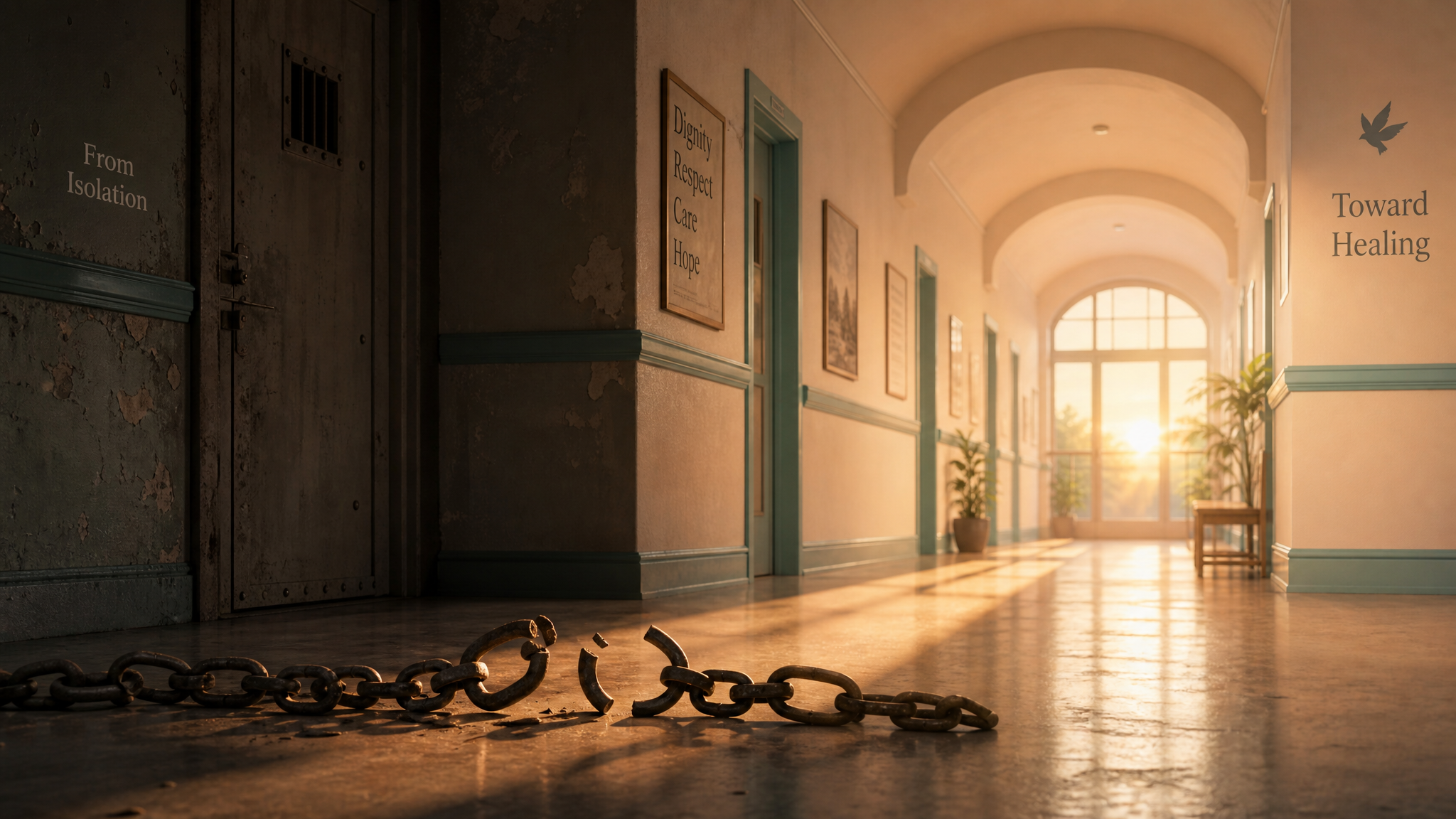 Broken chains on the floor of a corridor bathed in warm dawn light — symbolising progress in mental health care