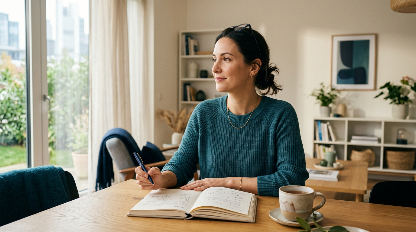 Woman sitting calmly with a journal and a cup of tea in soft daylight, representing emotional wellbeing
